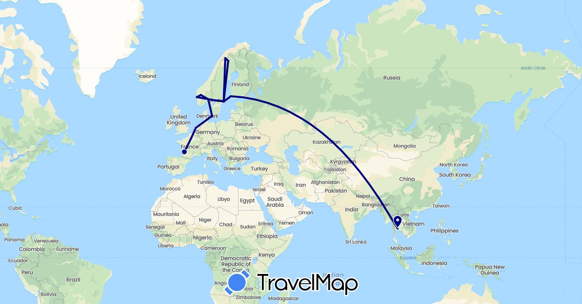 TravelMap itinerary: driving in Denmark, Finland, France, Netherlands, Norway, Sweden, Thailand (Asia, Europe)